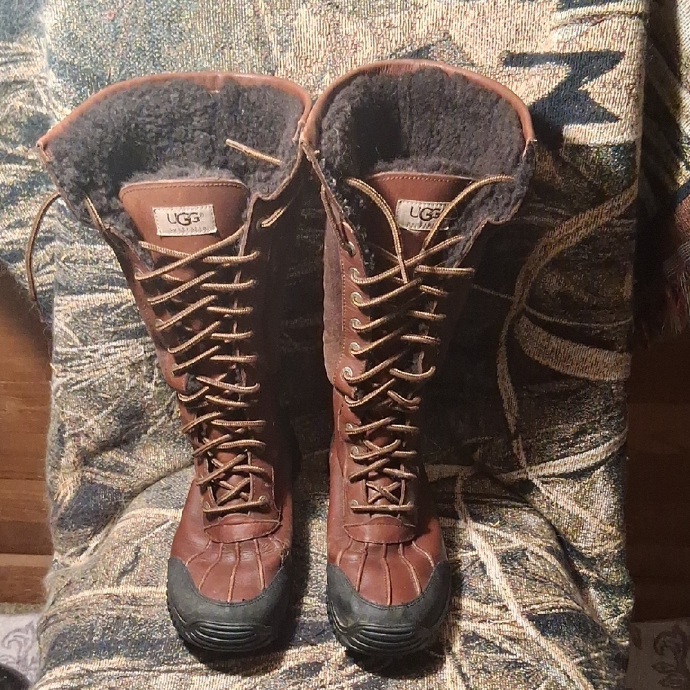 UGG Brown Tall Lace-Up Shearling-Trim Boots